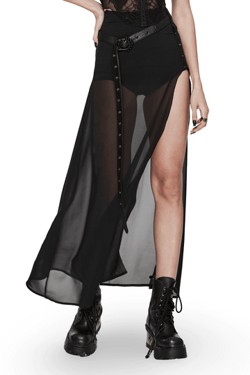 Chic Belted Maxi Skirt in Sheer Black Chiffon